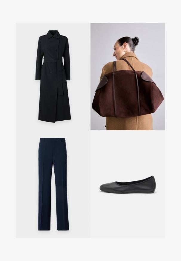 Cappotto trench nero doppiopetto realizzato in tessuto liscio, con vita cinturata, maniche lunghe e un design del colletto classico.; T-shirt bianca a maniche corte realizzata in tessuto a costine. Collo rotondo, vestibilità regolare e dettagli di cucitura sottili. Senza motivi o grafiche.; Pantaloni blu navy realizzati in tessuto morbido, con un design a gamba dritta, pieghe frontali e tasche laterali per un look sartoriale.; Pantofole da balletto nere in pelle con punta arrotondata, texture liscia, dettagli di cucitura minimi e design con suola flessibile.; Borsa in suede marrone con dettagli in pelle scura, caratterizzata da una forma strutturata e due manici, portata a spalla contro un cappotto beige.