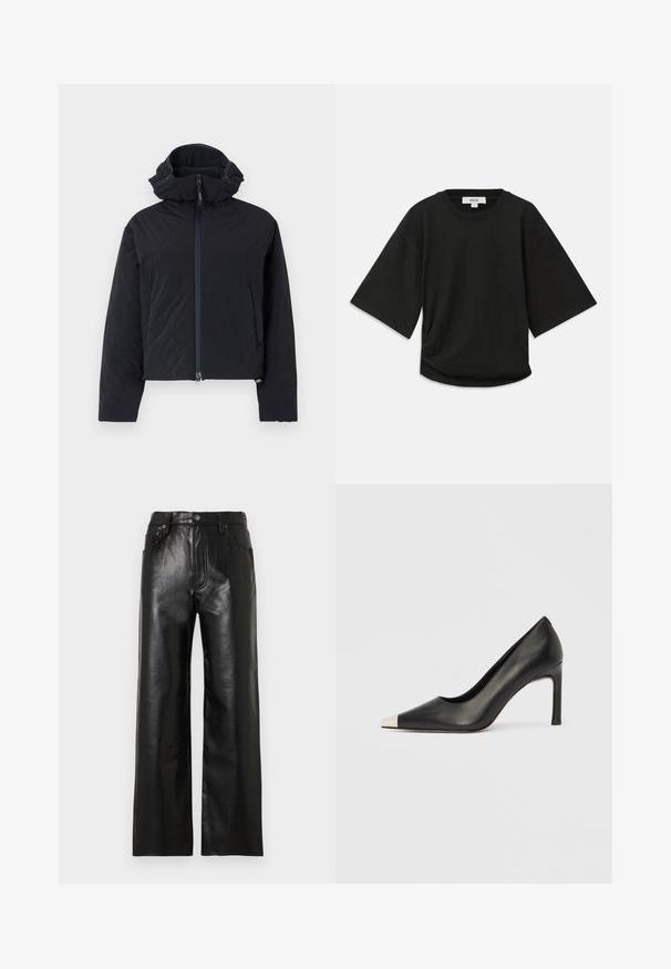 ASPESI GIUBBOTTO MOD - Mezisezónní bunda - navy; Černé triko s krátkým rukávem vyrobené z měkké bavlny, s kulatým výstřihem a uvolněným střihem se jemným nařaseným detailem na boku.; Černé kožené kalhoty s širokými nohavicemi a lesklým povrchem, s předními kapsami, zipem na přední straně a zapínáním na knoflík. Hladká textura po celé ploše.; Černá kožená lodička na vysokém podpatku s špičatou špičkou a stříbrnou kovovou špičkou. Má hladký povrch a štíhlý 10cm podpatek.