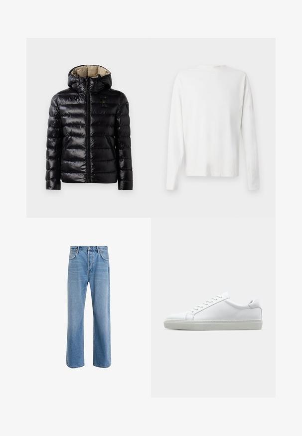 Musta puffatakki kiiltävällä pinnalla, tikattu muotoilu, huppu, vetoketjukiinnitys ja kaksi sivutaskua. Sisäosa on beige.; Pitkähihaisesta valkoisesta puuvillapaidasta, jossa on pyöreä pääntie, sivuhaalareita alaosassa ja sileä pinta, näkyy takaa.; Vaaleansiniset farkut suoranlahkeisella muotoilulla, viisi taskua, nappisuljenta, vähäinen kuluminen ja kontrastiväriset ompeluyksityiskohdat.; Valkoinen tennari, jossa on sileä nahkapäällinen ja matala profiili. Ominaisuuksiin kuuluu pyöreä kärki, kuusi rei'itystä ja teksturoitu kumipohja.