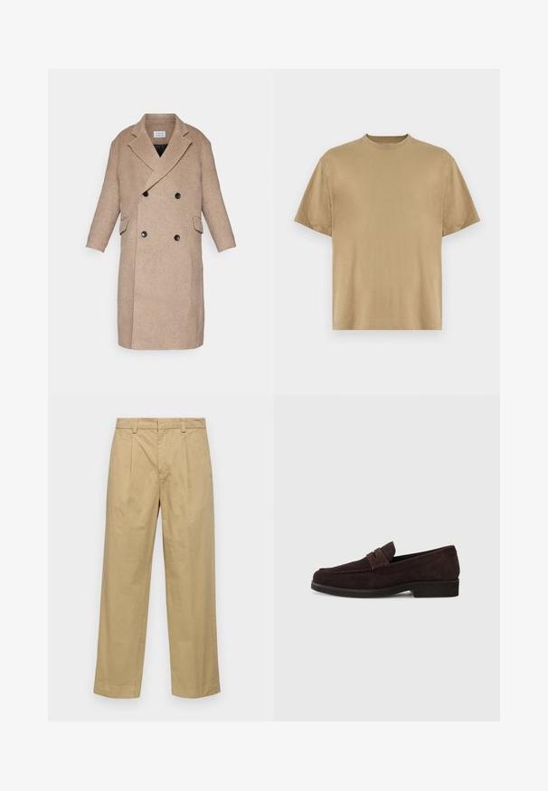 Double-breasted coat in light beige fabric, featuring two front pockets, black buttons, and a notched lapel design. Smooth texture.; Khaki short-sleeve T-shirt made of soft fabric, featuring a round neckline and a relaxed fit. No patterns or graphics are visible.; Beige cotton trousers with a straight-leg design, featuring front pleats and side pockets. The fabric has a smooth, soft texture.; Brown suede loafers with a low profile and rounded toe. Features a decorative strap across the upper, flat rubber sole, and no visible stitching.