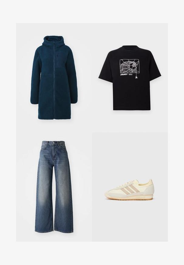 Ciemnoniebieski polarowy płaszcz z kapturem, z zamkiem z przodu, długimi rękawami i kieszenią na klatce piersiowej. Tkanina ma miękki, teksturowany wygląd.; Czarna koszulka z krótkim rękawem wykonana z bawełny. Na przodzie znajduje się biały nadruk w kształcie pajęczyny oraz logo. Prosty, zaokrąglony dekolt.; Niebieskie dżinsy o wysokim stanie, szerokie nogawki, z przednim zapięciem na guzik i kieszeniami, z wyblakłą teksturą na udach i prostym dołem.; Kremowe sportowe sneakersy z trzema beżowymi paskami, wykonane z zamszu i materiałów tekstylnych, z teksturowaną podeszwą oraz wytłoczonym logo na pięcie.