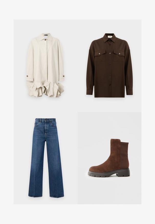 Trench coat bej cu un design structurat, având un tiv volandan, guler mare, închidere cu nasturi și buzunar lateral.; Cămașă lungă, cu mâneci lungi, de culoare maro închis, cu două buzunare frontale cu clapetă și guler clasic, expusă pe un fundal alb simplu.; Jeans largi de culoare albastră, din denim, cu talie înaltă, buzunare frontale și cusături în contrast. Materialul are o textură netedă.; Botine din suede maro, cu panouri elastice laterale, vârf rotunjit și o talpă groasă din cauciuc, având un model texturat de profil.