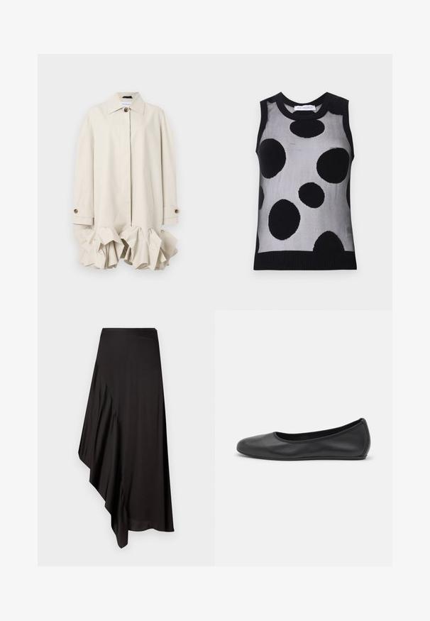 Beige Trenchcoat mit strukturiertem Design, featuring einem Rüschensaum, großem Kragen, Knopfverschluss und Seitentasche.; Schwarzes und graues ärmelloses Stricktop mit großen schwarzen Punkten auf einem hellgrauen Hintergrund. Gerippter Ausschnitt und Saum.; AERON ASTER SKIRT - Bleistiftrock - black; Schwarze Leder-Ballettschuhe mit abgerundeter Spitze, glatter Textur, minimalen Nähdetails und einem flexiblen Sohlen-Design.