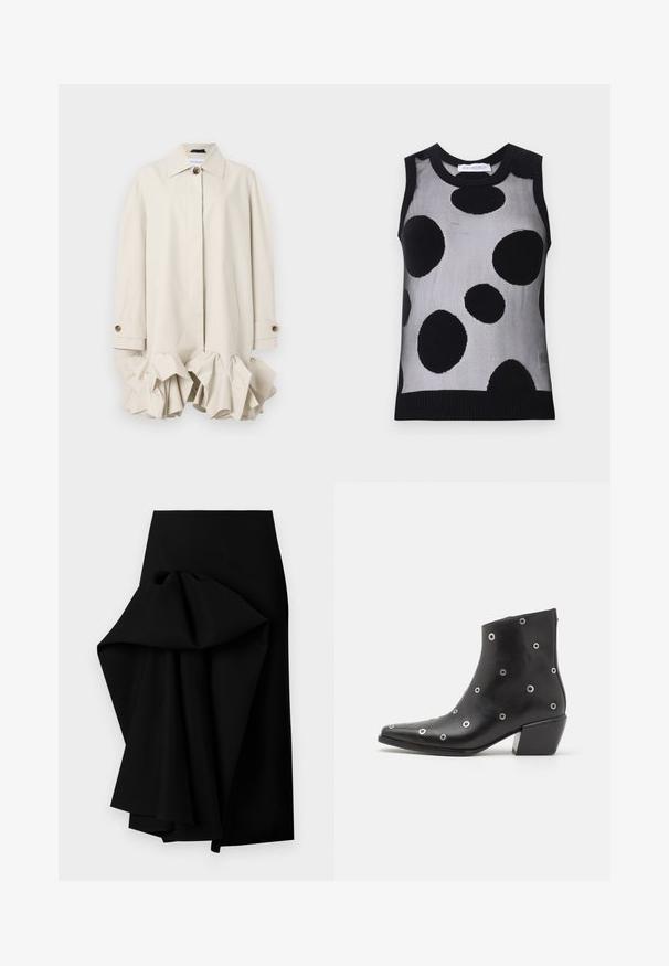 Beige Trenchcoat mit strukturiertem Design, featuring einem Rüschensaum, großem Kragen, Knopfverschluss und Seitentasche.; Schwarzes und graues ärmelloses Stricktop mit großen schwarzen Punkten auf einem hellgrauen Hintergrund. Gerippter Ausschnitt und Saum.; Schwarzer Rock aus glattem Stoff, der auf einer Seite ein übergroßes Drapé-Design aufweist und einen High-Low-Saum bildet.; Schwarze Leder-Ankle-Boots mit silbernen Ösen-Details, spitzer Zehenform und Blockabsatz. Schickes Design mit glatter Textur.