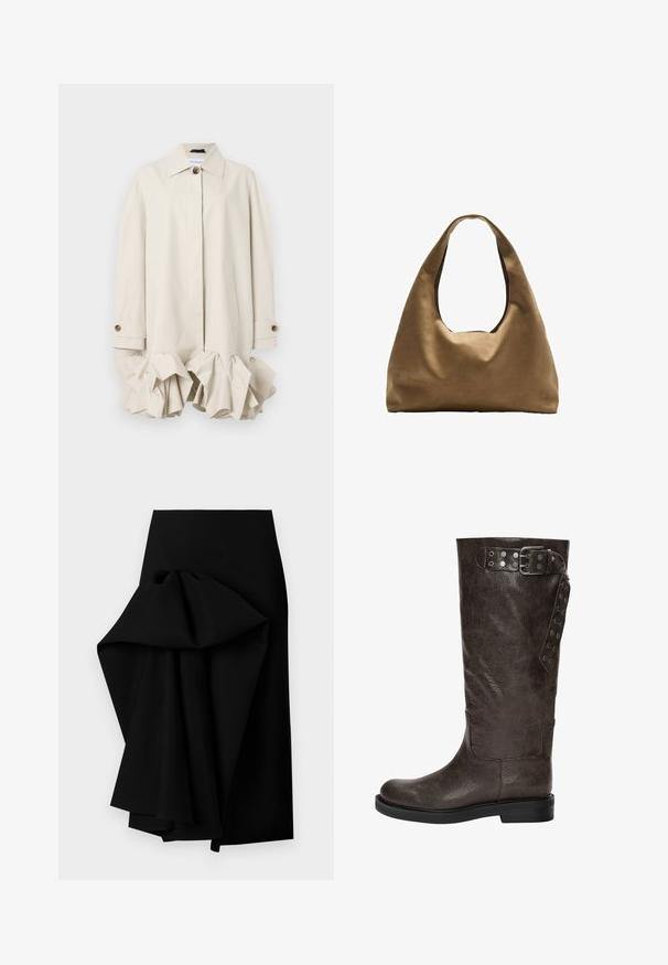 Béžový trenčkot se strukturovaným designem, s volánkovým lemem, velkým límcem, zapínáním na knoflíky a boční kapsou.; Bílý krátký rukáv tričko vyrobené z bavlny. Má kulatý výstřih a volný střih. Hladký materiál bez viditelných vzorů nebo akcentů.; Černá sukně vyrobená z hladké tkaniny, se zcela přehnutým designem na jedné straně, vytvářející asymetrický lem.; Hnědé kožené vysoké boty k kolenům s texturovaným povrchem, se sponou a cvočkovými detaily na boku, a plochou gumovou podrážkou.; Hnědá textilní taška přes rameno s širokým, zaobleným tvarem a velkým výřezem na rukojeť. Měkká textura, minimalistický design a žádné viditelné kovové prvky.