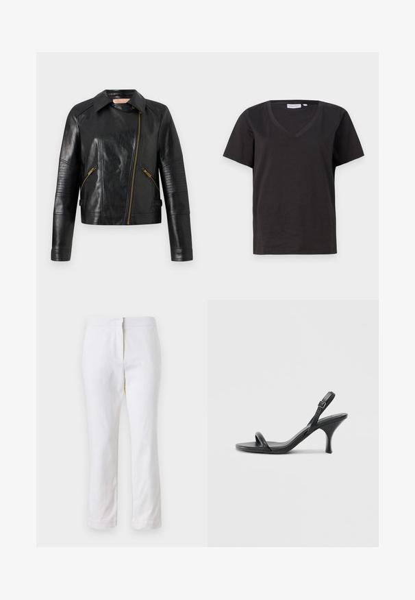 Casaco de motard em pele preta com um design ajustado, fecho frontal assimétrico e detalhes em textura canelada nas mangas. Acessórios em tom dourado.; T-shirt de algodão preto com decote em V e mangas curtas. Design simples com um corte regular e sem padrões ou detalhes.; Calças de algodão brancas com um design de perna reta, apresentando uma cintura de altura média e sem hardware ou padrões visíveis. Textura suave por toda a peça.; Sandálias de salto alto em couro preto com um salto curvado e fino e um design de tiras cruzadas. Correia ajustável no tornozelo. Textura suave.
