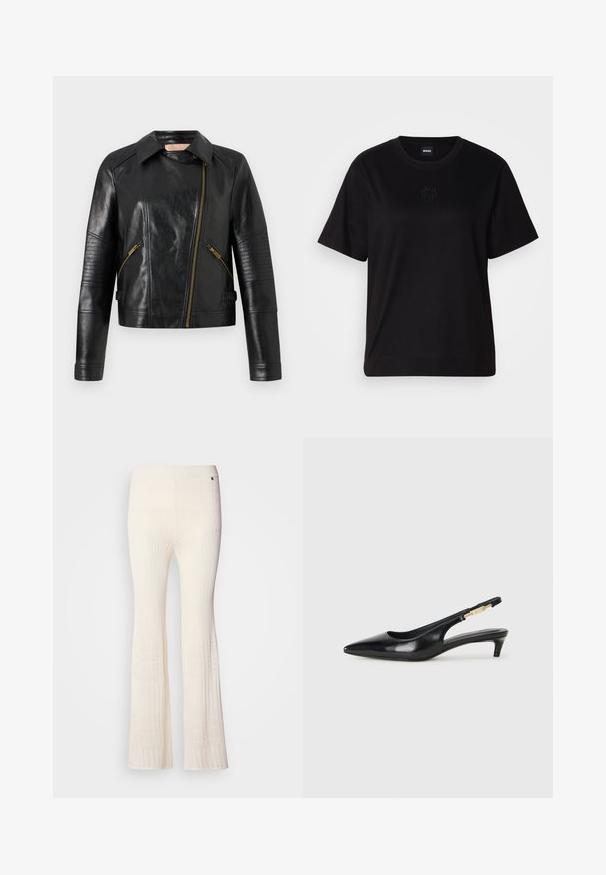 Casaco de motard em pele preta com um design ajustado, fecho frontal assimétrico e detalhes em textura canelada nas mangas. Acessórios em tom dourado.; T-shirt de algodão preto com decote redondo, mangas curtas e um logótipo bordado no peito. Corte simples e descontraído, sem padrões.; Calças de malha canelada, de cor creme, com pernas largas e um padrão de renda texturizada na bainha inferior. Material suave com uma cintura ajustada.; Saltos slingback em couro preto com bico fino, apresentando um salto esguio e um detalhe em tom dourado na alça ajustável. Textura suave.