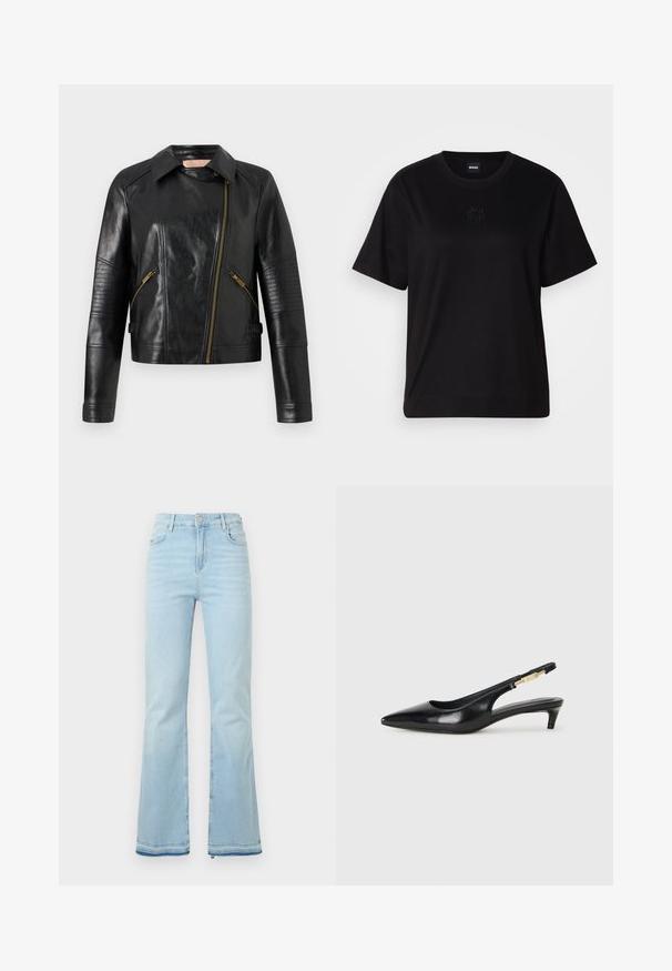 Zwarte leren motorjack met een strakke pasvorm, asymmetrische rits aan de voorkant en geribbelde textuuraccenten op de mouwen. Details in goudkleurige hardware.; Zwarte katoenen t-shirt met een ronde hals, korte mouwen en een geborduurd logo op de borst. Eenvoudige, comfortabele pasvorm zonder patronen.; Lichtblauwe klokbroeken van denim, met een hoge taille, voorzakken en een ruwe zoom bij de boorden voor een casual uitstraling.; Zwarte leren slingback hakken met een spitse neus, voorzien van een slanke hak en een goudkleurige accent op de verstelbare band. Gladde textuur.