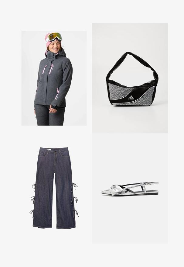 Giacca da sci grigia con zip e dettagli rosa. Presenta un cappuccio e più tasche con zip. Indossata con un berretto rosa e occhiali da sci.; Top halter in ecopelle bordeaux con scollatura a V profonda, caratterizzato da una chiusura con zip sulla parte anteriore e dettagli arricciati sul collo.; Pantaloni in denim a gamba larga di colore blu scuro, con legature laterali e chiusura a bottone. Presentano tasche frontali e una silhouette rilassata.; Ballerine slingback metalliche argento con punta affusolata, caratterizzate da un dettaglio annodato sul davanti e una fascia regolabile per una vestibilità sicura.; Borsa adidas nera e argento con una texture liscia, caratterizzata da un motivo borchiato lucido e un design curvo distintivo.