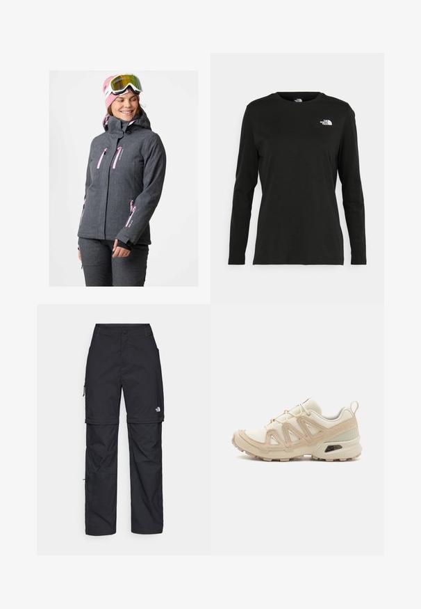 Gray ski jacket with pink zippers and accents. Features a hood and multiple zip pockets. Worn with a pink beanie and goggles.; Black long-sleeve t-shirt made of cotton with a round neck. Features a small white logo on the left chest area. Simple design and fit.; Black nylon zip-off cargo trousers with adjustable cuffs, multiple pockets, and a logo on the right leg. Smooth, lightweight texture.; Beige and cream athletic shoe with textured mesh upper, supportive overlays, and rubber outsole featuring a tread pattern for traction.