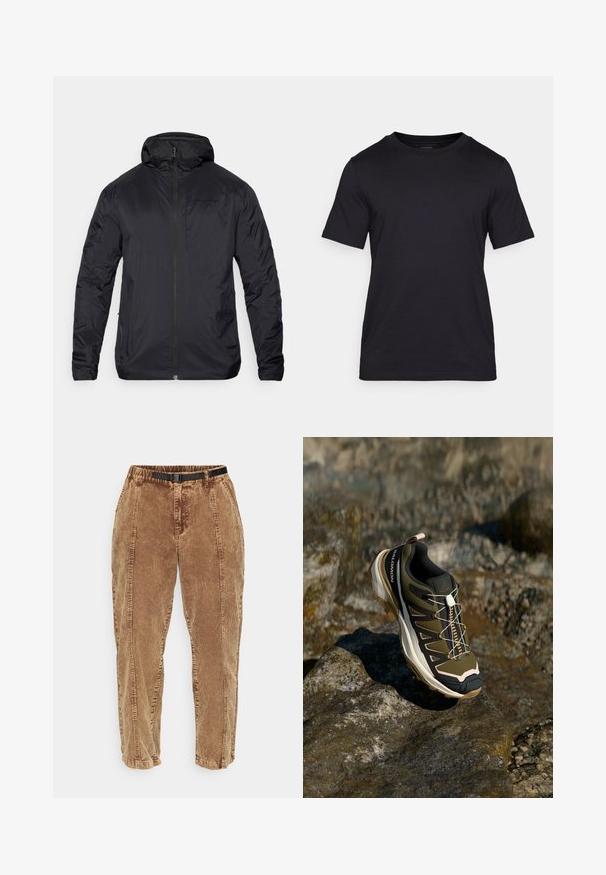 Čierna ľahká bunda so zipsom vpredu, kapucňou a hladkou textúrou; má minimálne značkovanie na hrudi a elastické manžety.; Čierne tričko z hladkej tkaniny, s okrúhlym výstrihom a krátkymi rukávmi. Discretné logo potlačené čiernou farbou na hrudi.; Hnedé kordové nohavice s textúrovaným povrchom, vybavené čiernym nastaviteľným opaskom, bočnými vreckami a voľným strihom. Nohavice sa zužujú smerom k členkom.; Turistická obuv v olivovo zelenej a čiernej farbe s ružovými akcentmi. Má textúrovaný zvršok, flexibilnú podrážku, vystuženú špičku a farebný systém šnurovania.