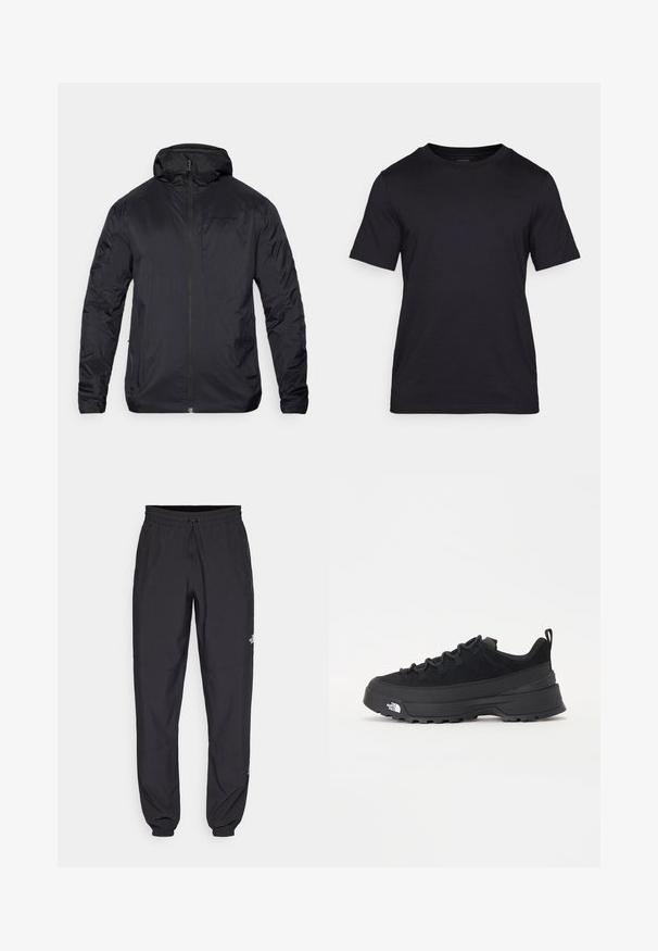 Giacca leggera nera con zip frontale, cappuccio e texture liscia; presenta un branding minimale sul petto e polsini elasticizzati.; Maglietta nera realizzata in tessuto liscio, con scollatura a girocollo e maniche corte. Logo discreto stampato in nero sul petto.; Pantaloni sportivi neri realizzati in tessuto leggero, con vita regolabile con cordino, tasche laterali e orli affusolati alle caviglie.; Sneaker da esterno nera con parte superiore in suede, suola in gomma testurizzata e robusto sistema di allacciatura. Presenta un tallone rinforzato e il logo del marchio sul lato.