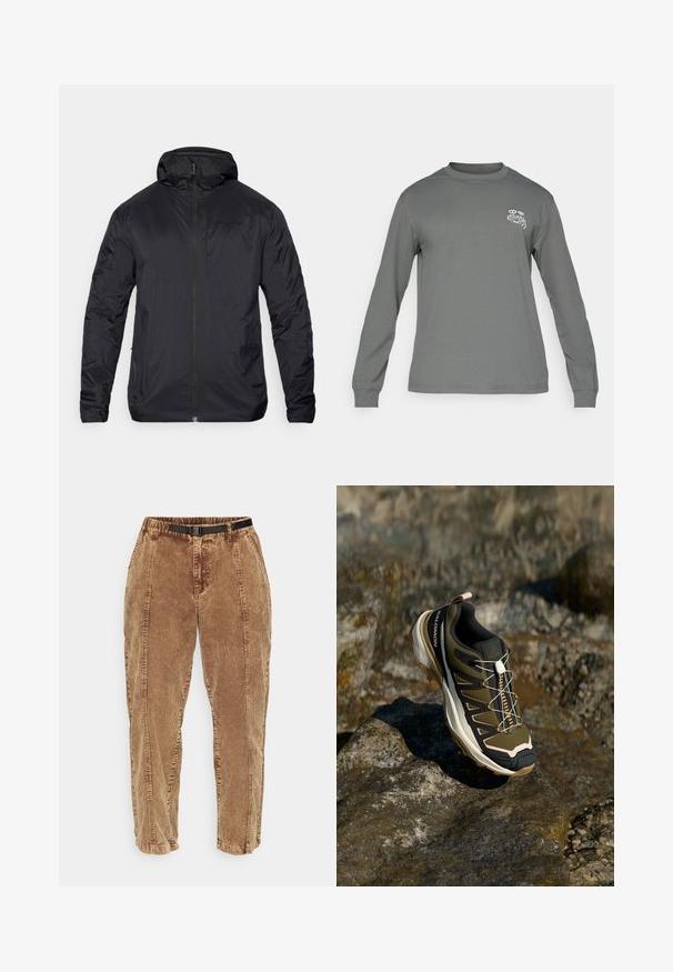 Giacca leggera nera con zip frontale, cappuccio e texture liscia; presenta un branding minimale sul petto e polsini elasticizzati.; Camicia a maniche lunghe in tessuto grigio, con collo rotondo e un logo grafico bianco sul lato sinistro del petto. Texture morbida e design semplice.; Pantaloni di velluto a coste marroni con una superficie testurizzata, dotati di una cintura nera regolabile, tasche laterali e una vestibilità comoda. I pantaloni si stringono verso le caviglie.; Scarpe da escursionismo in verde oliva e nero con dettagli rosa. Presentano una parte superiore testurizzata, suola flessibile, puntale rinforzato e un vivace sistema di allacciatura.