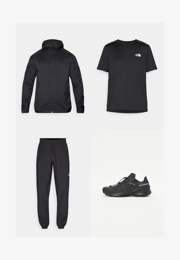 Veste légère noire avec fermeture éclair devant, capuche et texture lisse ; présente un branding minimaliste sur la poitrine et des manches élastiques.; T-shirt noir à manches courtes en tissu léger. Présente un petit logo blanc sur la poitrine gauche et des accents subtils aux épaules.; Pantalon de sport noir en tissu léger, avec une taille à cordon, des poches latérales et des chevilles resserrées.; Chaussure de trail running noire avec une tige texturée, des lacets élastiques et une semelle extérieure Contagrip. Présente un ajustement serré et un pare-chocs protecteur.
