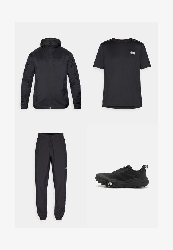 Črna lahka jakna z zadrgo na sprednji strani, kapuco in gladko teksturo; ima minimalno blagovno znamko na prsih in elastiko na zapestjih.; Črna kratkosleevena majica iz lahkotnega materiala. Ima majhen bel logo na levem prsnem delu in diskretne poudarke na ramenskem predelu.; Črne atletske hlače iz lahkega materiala, ki imajo elastični pas z vezalko, stranske žepe in zožene manšete na gležnjih.; Črne tekaške čevlje za trail s teksturirano zgornjega dela, gumijastim podplatom in ojačanim zaključkom prstov. Vključuje oblazinjen ovratnik in zanko za enostavno obuvanje.