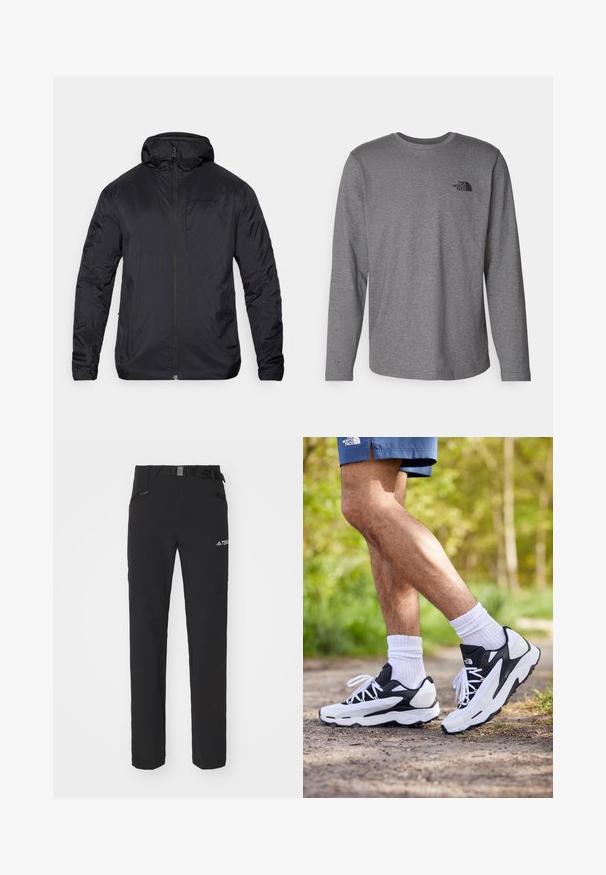 Sort letvægtsjakke med lynlås foran, hætte og glat tekstur; har minimal branding på brystet og elastiske manchetter.; The North Face M L/S SIMPLE DOME TEE - Langærmet T-shirt - medium grey heather; Sorte udendørsbukser med glat stof, sidelommer med lynlås, forstærkede knæsektioner og en justerbar talje med spænde.; Sorte og hvide sportsko med mesh-overdel, teksturerede accenter og hvide snørebånd. Båret med hvide ankelstrømper og marineblå shorts på en sti.