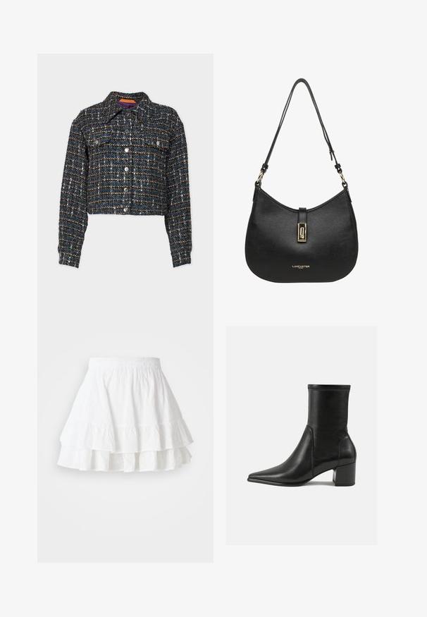 BOSS JANDRA - Giacca da mezza stagione - black; Maglione grigio a collo alto realizzato in morbido tessuto a maglia con polsini e orlo a coste. Presenta una vestibilità rilassata e un colletto strutturato.; Gonna bianca a strati realizzata in tessuto leggero con motivo a occhiello e orlo arricciato. Presenta una vita elastica per maggiore comfort.; Stivale alla caviglia nero in pelle liscia, con punta appuntita, tacco a blocco e cuciture raccolte distintive lungo il bordo superiore.; Borsa a tracolla in pelle nera con un design curvo, dotata di una chiusura in metallo dorato e logo in rilievo sulla parte anteriore. Superficie testurizzata.