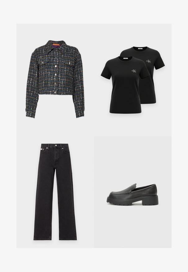 BOSS JANDRA - Light jacket - black; Two black short-sleeve crewneck t-shirts with small grey "CK Calvin Klein" logos on the left chest, displayed on a white background.; Black wide-leg jeans made of denim, featuring a high-rise waist, five-pocket styling, and a metal button closure with contrasting stitching.; Black leather loafers with a rounded toe, thick textured sole, and minimal stitching details. Sleek design with no visible laces or hardware.
