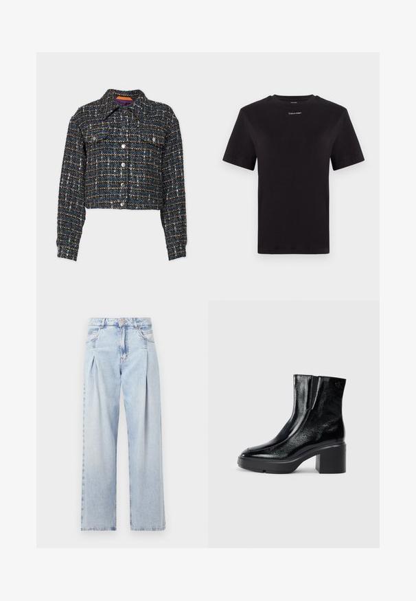 BOSS JANDRA - Overgangsjakke - black; Sort bomulds t-shirt med korte ærmer, rund halsudskæring og lille hvid "Calvin Klein" logo på brystet. Glat tekstur, klassisk pasform.; Lyseblå denim jeans med høj talje, bred benåbning, to sidelommer og plisseret design. Blød tekstur med et falmet finish.; Sorte patenterede læderankelstøvler med en buet tå, elastiske sidepaneler og en kraftig blokhæl. Har et præget logo på bagsiden.
