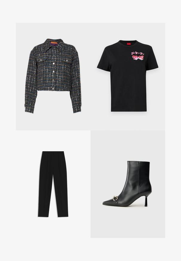 BOSS JANDRA - Light jacket - black; Black cotton t-shirt with short sleeves featuring a pink graphic of sunglasses and text "Not Your Girl" on the left chest area.; Black trousers with a straight fit, featuring double pleats, a smooth texture, and a classic waistband design. No visible hardware or accents.; Black leather ankle boot with pointed toe, slim mid-height heel, and silver buckle detail on side against plain background.