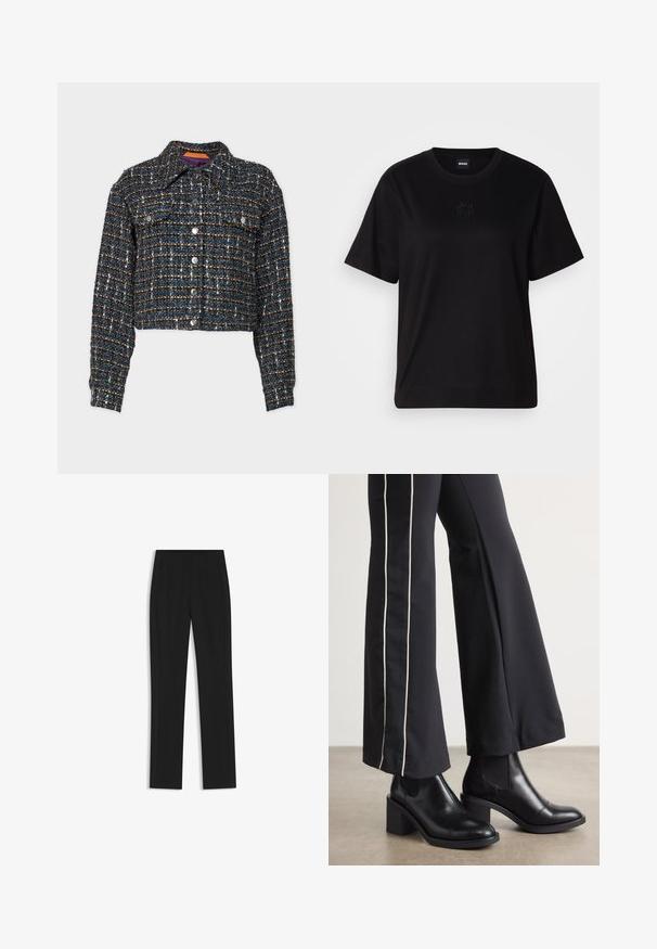 BOSS JANDRA - Välikausitakki - black; Musta puuvillapaita, jossa on pyöreä kaula-aukko, lyhyet hihat ja brodeerattu logo rinnassa. Yksinkertainen, rento istuvuus ilman kuvioita.; Mustat räätälöidyt housut suoran lahkeen designilla, joissa on etutaskut ja sileä, teksturoitu kangas. Siistit, minimalistiset yksityiskohdat.; Mustat nahkasaappaat nilkkapituisilla, lohkareella, joissa on joustavat sivupaneelit. Yhdistetty mustiin housuihin, joissa on valkoinen sivuraita.