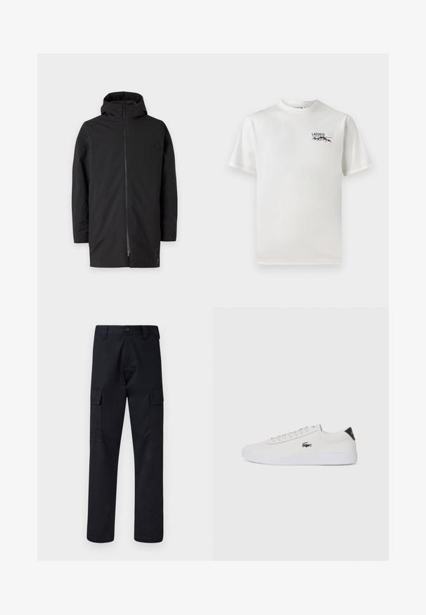 Čierna kapucňová bunda so zipsom, vyrobená z hladkého, ľahkého materiálu. Disponuje čistým dizajnom a minimalistickým štýlom.; Biela bavlnená tričko s okrúhlym výstrihom, krátkymi rukávmi a malou vyšívanou nášivkou s motívom hôr a textom na ľavej hrudi.; Čierne cargo nohavice vyrobené z odolnej tkaniny, s rovnými nohavicami, dvoma bočnými vreckami a zapínaním na gombík v páse.; Biele kožené tenisky s okrúhlou špičkou, šnurovaním vpredu a čiernym akcentom na päte. Obsahujú malé vyšívané logo krokodíla na boku.