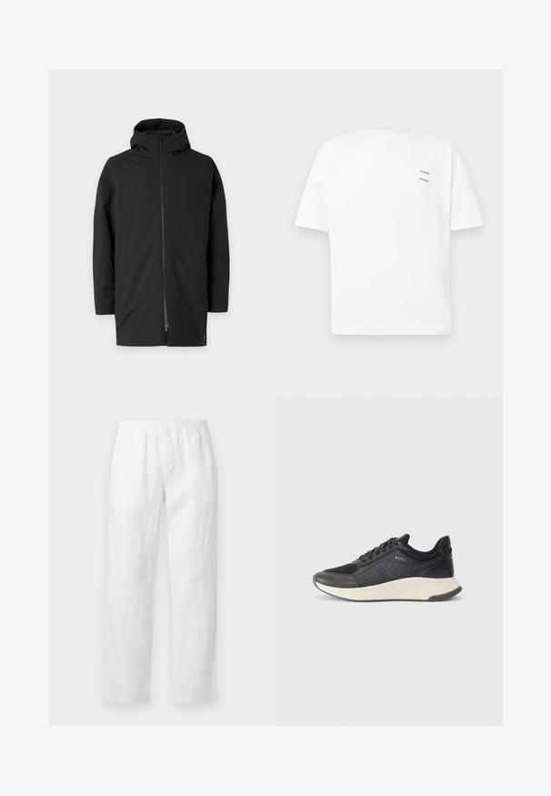 Jachetă neagră cu glugă și închidere cu fermoar, fabricată dintr-un material neted și ușor. Are un design curat și un stil minimalist.; Tricou din bumbac alb, cu o croială lejeră, mâneci scurte și decolteu în V. Are două logo-uri mici imprimate în negru pe partea stângă.; Pantaloni albi din in, cu talie elastică, croială dreaptă și textură moale, fără modele vizibile sau detalii metalice.; Adidași sport negri cu un material superior din plasă cu perforații, o talpă intermediară texturată în crem și o talpă din cauciuc pentru aderență.