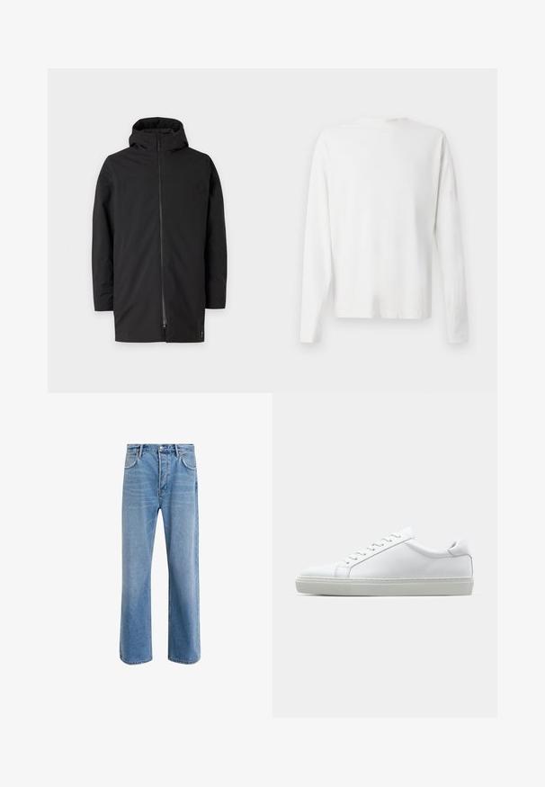 Veste à capuche noire avec fermeture éclair, fabriquée en matériau lisse et léger. Présente un design épuré et un style minimaliste.; Chemise en coton blanc à manches longues avec un col rond, fentes latérales en bas et une texture lisse, présentée de dos.; Jeans en denim bleu clair avec une coupe droite, cinq poches, fermeture à bouton, peu d'usure et des détails de couture contrastés.; Sneaker blanche avec une tige en cuir lisse et un profil bas. Présente un bout arrondi, six œillets et une semelle en caoutchouc texturé.