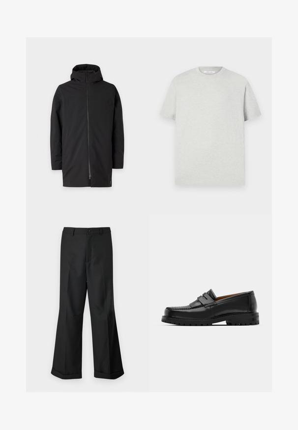 Must mustaga, mis on varrukas, lukuga ja valmistatud siledast, kergekaalulisest materjalist. Omab puhtat disaini ja minimalistlikku stiili.; Heledat hall pikkade varrukateta t-särk pehmest materjalist, ringikujulise kaelusega ja vaba lõikega, ilma nähtavate mustrite või aktsentideta.; Mustad laiad püksid nupuga vöökoha ja cuffidega hemmed, esitatud lihtsa valge tausta taustal.; Mustad mustad nahast kingad on varustatud tõstetud õmblusega, kahe dekoratiivse rihmaga peal, ja paksu tekstuuriga tallaga paremaks haardeks.