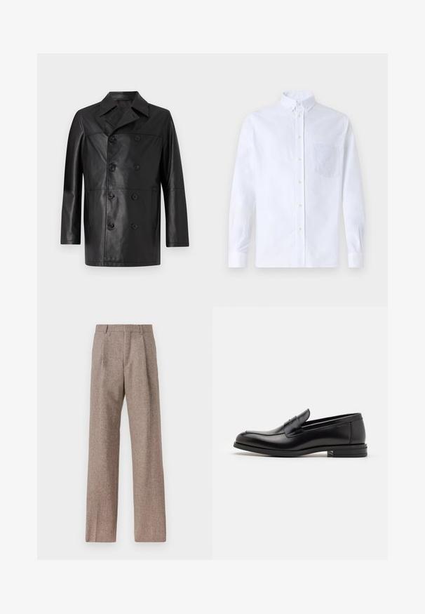 Crna kožna jakna s dvostrukim kopčanjem, širokim ovratnikom, prednjim gumbima i dugim rukavima; glatka tekstura s prilagođenim krojem.; Bijela košulja s dugim rukavima na dugme, izrađena od pamuka, s džepom na prsima s ton-sur-ton vezom, ovratnikom i dugmadi na manžetama.; Smeđe, hlače viskog struka od teksturiranog materijala. Imaju široke nogavice i dva prednja pregiba za strukturu. Uređen završetak bez vidljivih metalnih dijelova.; Crni kožni mokasini s glatkom teksturom, zaobljenim prstima i ukrasnom trakom preko prednjeg dijela. Niski slojeviti potplat, minimalistički dizajn.
