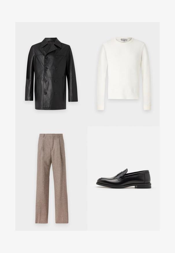 Manteau en cuir noir avec un design à double boutonnage, un large col, des boutons sur le devant et des manches longues ; texture lisse avec une silhouette ajustée.; Haut thermique à manches longues blanc avec une texture côtelée, col ras du cou et poignets resserrés. Design épuré sans motifs ni accents supplémentaires.; Pantalons marron taille haute en tissu texturé. Présente des jambes larges et deux plis avant pour la structure. Finition soignée sans matériel visible.; Mocassins en cuir noir avec une texture lisse, bout rond et une sangle décorative sur le dessus. Talon bas empilé, design minimaliste.