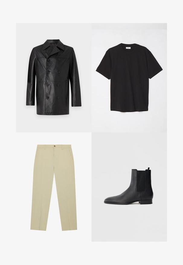 Fekete bőrkabát dupla gombos megjelenéssel, széles gallérral, elülső gombokkal és hosszú ujjal; sima textúrával és testhezálló siluettel.; Fekete pamut póló kerek nyakkal, rövid ujjakkal és laza szabással. Egyszerű dizájn, sima textúra, látható minták vagy logók nélkül.; Vajszínű, könnyű pamut anyagból készült chino nadrág, egyenes szárú kialakítással, elöl zsebekkel és egy gombos derékzárral.; Fekete bőr Chelsea csizma rugalmas oldalsó panelekkel és alacsony, rétegezett sarokkal, oldalnézetben, egyszínű világos háttéren.