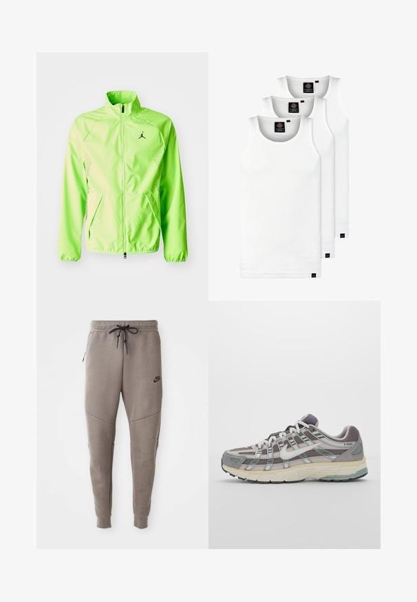 Lys grønn vindjakke med høy krage, hel glidelås, sidelommer og svart logo. Har teksturerte detaljer på ermene.; Tre hvite ribbestrikkede tank topper laget av bomull. Har en rund hals og små svarte etiketter nær kanten. Tilgjengelig i flere størrelser.; Grå Nike joggebukser med snor i midjen, smale ben, sidelommer og distinkte sømdetaljer. Myk, teksturert stoff.; Grå treningssko med overdel i nett og semsket skinn, hvite detaljer, en polstret såle, og et særpreget design med reflekterende elementer.