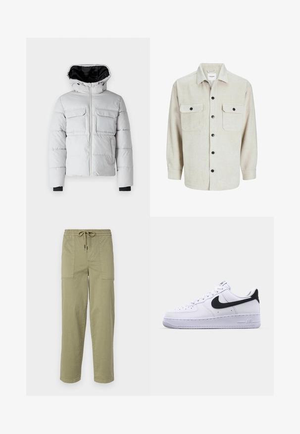 Doudoune gris clair avec capuche, fermeture éclair sur le front, deux poches sur la poitrine et doublure intérieure noire. Dispose de poignets élastiques et d'une texture matelassée.; Chemise en flanelle beige avec un col, dotée de deux poches poitrine, de boutons noirs et de manches longues avec des poignets à bouton.; Pantalons vert olive clair en tissu mélangé coton, dotés d'une taille élastique avec cordon de serrage et de deux grandes poches latérales.; Sneaker en cuir blanc avec un Swoosh noir texturé, des lacets plats et une semelle en caoutchouc avec un motif strié. "AIR" est embossé sur le talon.