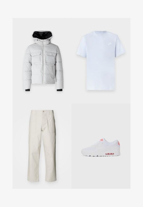 Lys grå dunjakke med hette, frontlås, to brystlommer og svart innvendig fôr. Har elastiske ermer og quiltet tekstur.; Lyseblå bomull T-skjorte med korte ermer, rund hals, og en hvit Nike-logo trykket på venstre bryst. Glatt tekstur, enkelt design.; Lyse beige vide bukser laget av bomull. Har frontlommer og knappelukking. Jevn tekstur med subtile vertikale linjer.; Hvite atletiske joggesko med glatt overdel, snøring, polstret såle og synlig luftenhet med røde detaljer på merket.