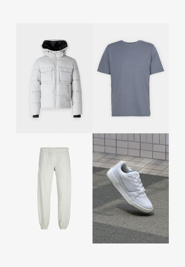 Lys grå dunjakke med hætte, frontlynlås, to brystlommer og sort inderfor. Har elastiske manchetter og quiltet struktur.; Grå T-shirt med korte ærmer og rund hals, lavet af blødt bomuldsblandingsstof. Enkel design, ingen mønstre eller accenter.; Hvide sweatpants lavet af blødt stof, med elastisk talje og håndled, der har en glat tekstur og løs pasform.; Hvide lædersneakers med perforerede sider, teksturerede detaljer, flade snørebånd og en kontrasterende grå hæl. Har en let forhøjet sål.