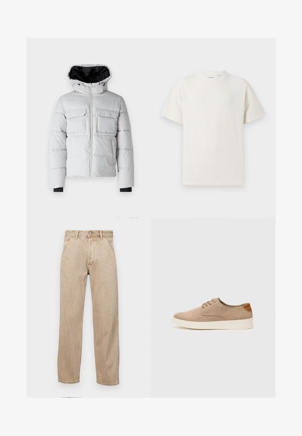Doudoune gris clair avec capuche, fermeture éclair sur le front, deux poches sur la poitrine et doublure intérieure noire. Dispose de poignets élastiques et d'une texture matelassée.; T-shirt blanc à manches courtes en texture côtelée. Encolure ronde, coupe décontractée, sans motifs ni accents visibles. Design simple et polyvalent.; Jeans en denim beige avec une coupe droite, dotés de poches avant, d'une fermeture à bouton en métal et d'une texture subtile.; Baskets en daim beige avec un embout arrondi, un laçage sur le devant et un accent texturé à l'arrière. La semelle en caoutchouc blanche offre un contraste. Design simple et moderne.