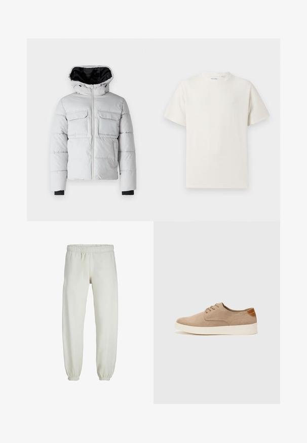 Lichtgrijze pufferjack met een capuchon, voorrits, twee borstzakken en een zwarte binnenvoering. Voorzien van elastische manchetten en een geborduurde textuur.; Witte korte mouwen T-shirt met ribbelstructuur. Ronde hals, ontspannen pasvorm, geen zichtbare patronen of accenten. Eenvoudig en veelzijdig ontwerp.; Witte sweatpants gemaakt van zachte stof, met een elastische tailleband en boorden, een gladde textuur en een losvallend ontwerp.; Beige suède sneakers met een ronde neus, vetersluiting aan de voorkant en een getextureerde achteraccent. De witte rubberen zool zorgt voor contrast. Eenvoudig en modern ontwerp.