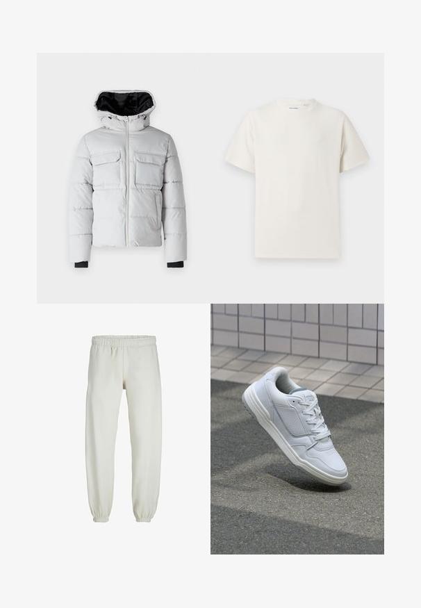 Lys grå dunjakke med hætte, frontlynlås, to brystlommer og sort inderfor. Har elastiske manchetter og quiltet struktur.; Hvid kortærmet T-shirt i ribbet tekstur. Rund halsudskæring, løs pasform, ingen synlige mønstre eller accenter. Enkel og alsidig design.; Hvide sweatpants lavet af blødt stof, med elastisk talje og håndled, der har en glat tekstur og løs pasform.; Hvide lædersneakers med perforerede sider, teksturerede detaljer, flade snørebånd og en kontrasterende grå hæl. Har en let forhøjet sål.