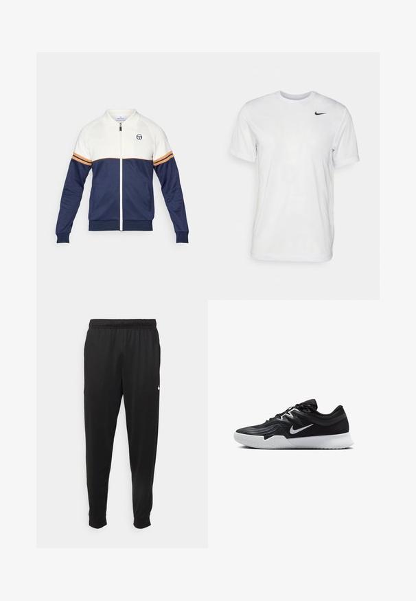 Navy and white zip-up jacket with a polo collar. Features striped accents in orange and navy, textured fabric, and a logo on the chest.; White short-sleeve t-shirt made of smooth fabric. Features a round neck and a small black Nike logo on the left chest.; Black athletic pants made of smooth fabric, featuring an elastic waistband, tapered legs, and a small white logo on the left side.; Black athletic shoe with a textured upper, white Nike swoosh, and a white rubber outsole. Features a lace-up design and dynamic shape.