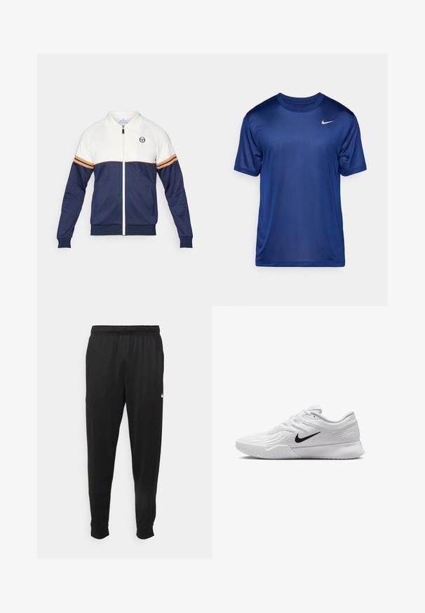 Jūras spēku zila un balta ar rāvējslēdzēju apģērba jaka ar polo apkakli. Iezīmēts ar oranžiem un jūras spēku ziliem svītriem, teksturētu audumu un logotipu uz krūtīm.; Tumši zila sporta krekla, īsām piedurknēm, apaļā apkakle, izgatavota no gludas auduma ar mazu baltu Nike logo kreisajā krūšu daļā.; Melnas sporta bikses, kas izgatavotas no gludas auduma, ar elastīgu jostu, sašaurinošām kājām un mazu balto logo kreisajā pusē.; Baltas sporta apavi ar teksturētu sietiņu, melns Nike zīmols, polsterētas apkakles un gumijas zole ar profilu.