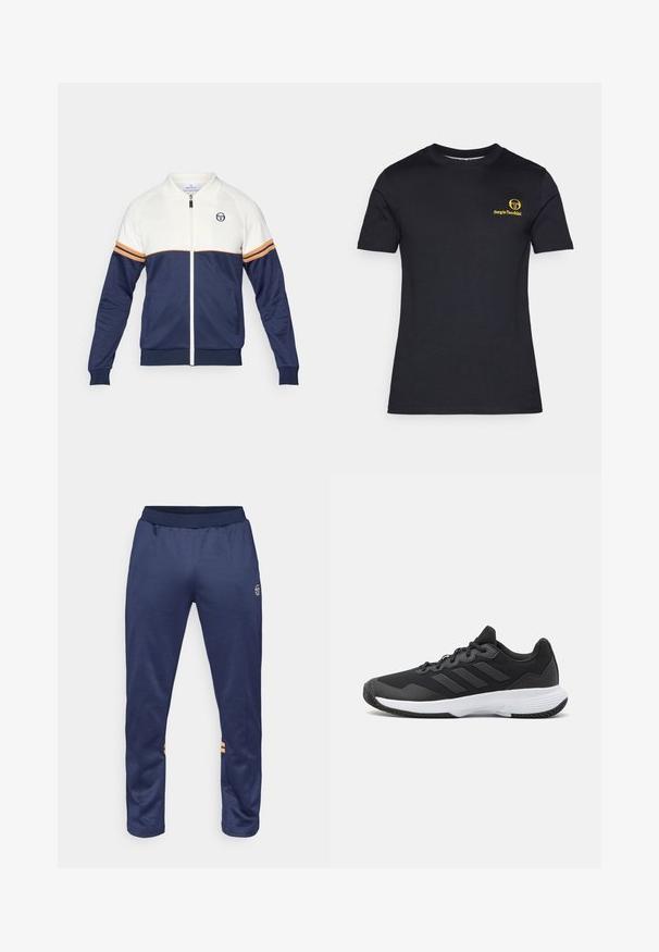 Navy and white zip-up jacket with a polo collar. Features striped accents in orange and navy, textured fabric, and a logo on the chest.; Black short-sleeve t-shirt made of cotton. Features a yellow logo printed on the left chest. Classic round neckline, smooth texture.; Navy blue athletic pants with an elastic waistband, two side stripes in orange on the lower legs, and a logo on the upper right leg.; Black athletic shoe featuring a textured upper, three horizontal stripes, and a white sole with a patterned tread. Lightweight and streamlined design.