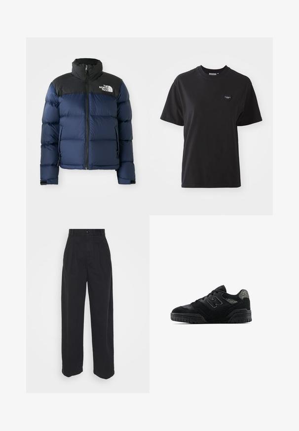 Marineblauwe pufferjack met zwarte capuchon en schouders, voorzien van een rits aan de voorkant, gestikt patroon en logo op de linkerborst.; Zwarte katoen t-shirt met een ronde hals, korte mouwen en een klein hartvormig logo linksboven. Soepele textuur, comfortabele pasvorm.; Zwarte wijde broek van katoen met een zachte textuur, voorzien van een sluiting met een knoop aan de voorkant en twee zijzakken.; Zwarte low-top sneaker met een gestructureerde zool, vetersluiting, suède panelen en een patroonaccent op de hiel en het zijlogo.