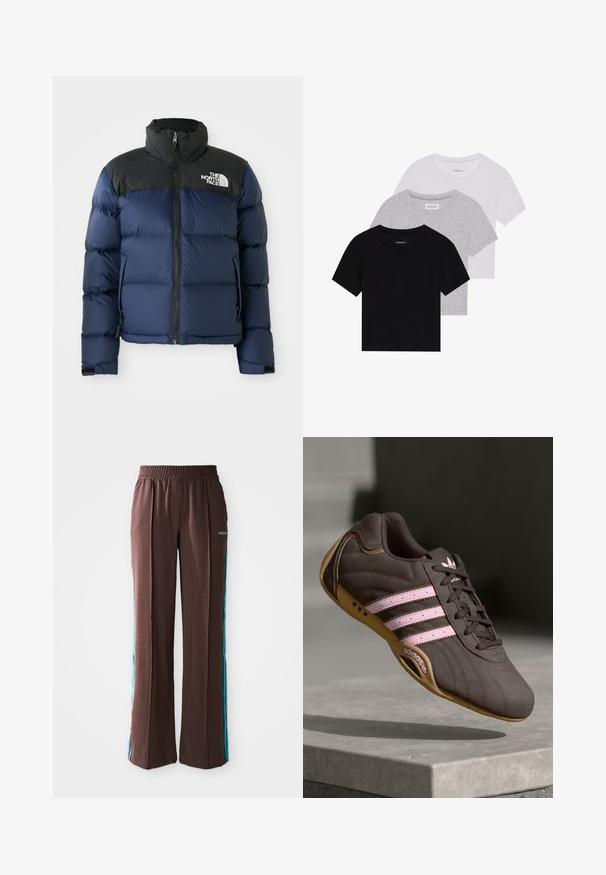 Tamno plava zimska jakna s kapuljačom i ramenima u crnoj boji, koja ima prednji zip, prošiveni uzorak i logo na lijevoj strani grudi.; Set od tri majice kratkih rukava u crnoj, sivoj i bijeloj boji. Izrađene od pamuka, s okruglim izrezom i jednostavnim, jednobojnim dizajnom.; Smeđe atletske hlače s rebrastom teksturom, elastičnim pojasom i tirkiznim bočnim trakama. Na prednjem dijelu nalazi se adidas logo.; Smeđi suedeski atletski tenisice s ružičastim prugama i logotipom, s teksturiranim gornjim dijelom, vezanjem na vezice i gumiranim potplatom.
