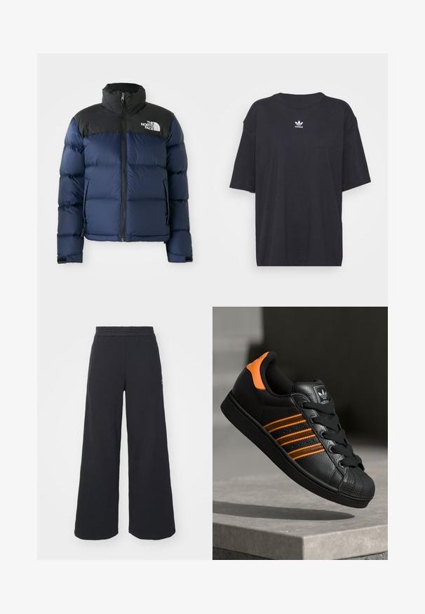 Marineblauwe pufferjack met zwarte capuchon en schouders, voorzien van een rits aan de voorkant, gestikt patroon en logo op de linkerborst.; Zwarte katoenen T-shirt met korte mouwen, ronde halslijn, voorzien van een wit Adidas-logo op de borst. Eenvoudig ontwerp, comfortabele pasvorm.; Zwarte wijde sweatpants gemaakt van zachte stof, met een elastische tailleband en een klein logo aan de linkerkant.; Zwarte sneaker met oranje accenten, drie horizontale strepen, bovenwerk van textuurlak, rubberen neuzen en zwarte veters.