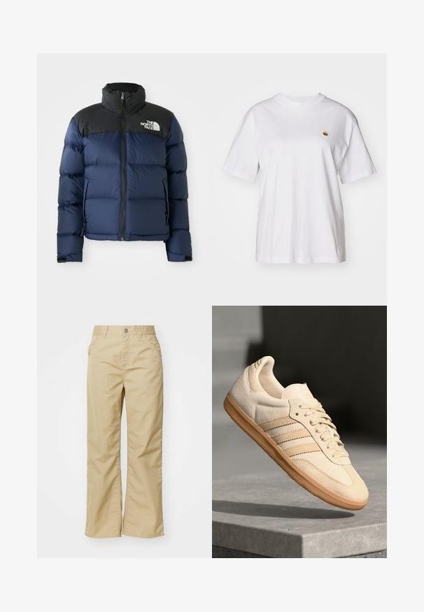 Jachetă puffer bleumarin cu glugă și umeri negri, având un fermoar frontal, un model cusut și un logo pe partea stângă a pieptului.; Tricou alb din bumbac cu o croială lejeră, mâneci scurte și un mic logo brodat în zona stângă a pieptului.; Pantaloni largi din bumbac bej cu o textură netedă, dotati cu buzunare frontale și un nasture argintiu la talie.; Sneaker din suède bej deschis, cu talpă din cauciuc, trei dungi diagonale și o capacă texturată pentru degete. Prezintă logo pe limbă și pe lateral.