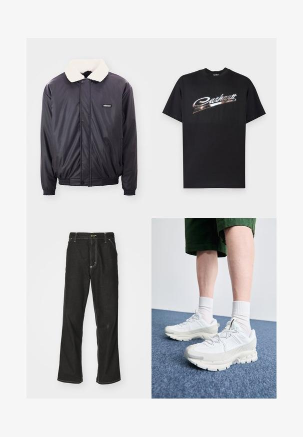 Giacca bomber nera con colletto bianco peloso, polsini elastici e vita elasticizzata. Presenta un piccolo logo nero sul petto. Tessuto liscio e lucido.; Maglietta nera in cotone con logo "Carhartt" lucido in lettere argentate stilizzate sul petto, maniche corte e scollo rotondo.; Jeans in denim nero con una vestibilità ampia, caratterizzati da cuciture bianche a contrasto, chiusura a bottone e un design a gamba dritta.; Scarpe da ginnastica bianche con sovrapposizioni testurizzate, suola spessa e accenti grigi. Indossate con calze corte bianche e pantaloni corti verdi su una superficie blu.