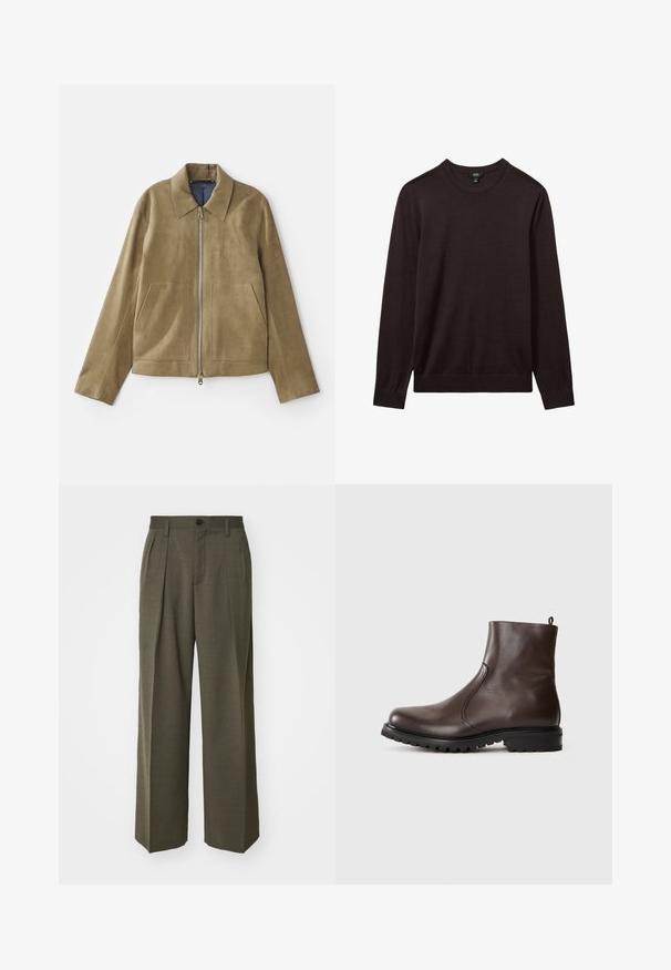 Bézs velúr dzseki elöl cipzárral, nagy zsebekkel, hegyes gallérral és kontrasztos tengerészkék béléssel. Sima textúra, testhezálló fazon.; Reiss Pulóver - dark bordeaux; Filippa K WIDE TROUSERS - Nadrágok - driftwood; Barna bőr bokacsizma sima textúrával, elasztikus oldalsó panelek, hátul húzófül és strapabíró gumitalp.