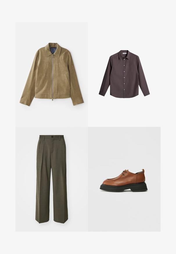 Veste en daim tan avec fermeture éclair à l'avant, grandes poches, col pointu et doublure contrastante en marine. Texture lisse, design ajusté.; Chemise boutonnée marron foncé en tissu texturé. Elle présente un col, des manches longues et six boutons sur le devant.; Filippa K WIDE TROUSERS - Pantalon classique - driftwood; Chaussure en cuir marron avec un bout arrondi, un laçage et une semelle épaisse en couches noires. Remarquable par sa silhouette structurée et sa texture.
