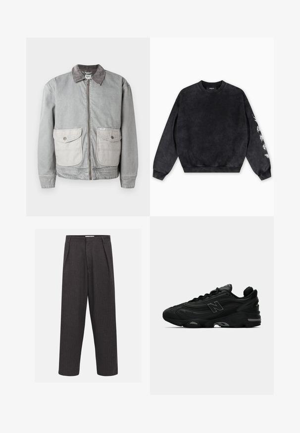 Giacca di jeans grigia con colletto in velluto, due grandi tasche frontali e chiusura con zip. Presenta un tessuto delle tasche di un colore più chiaro in contrasto.; Felpa nera realizzata in materiale morbido, con scollo rotondo, polsini a costine e un motivo grafico bianco sulla manica sinistra.; Pantaloni grigio scuro a righe sottili con vestibilità ampia, pince frontali e una superficie liscia, dotati di una vita standard e senza elementi metallici visibili.; Scarpe da ginnastica nere con una tomaia testurizzata, caratterizzate da un logo prominente, una suola spessa e sottili accenti grigi lungo il design.